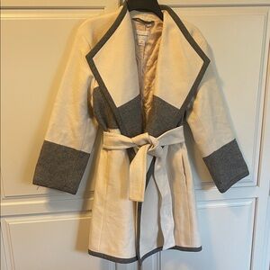 Club Monaco Cream and Gray Belted Wrap Trench Coat